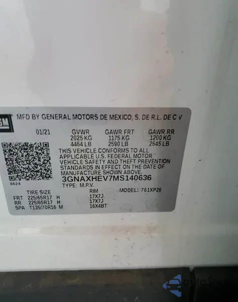 2021 Chevrolet Equinox Ls z USA, uszkodzony, nr VIN 3GNAXHEV7MS140636